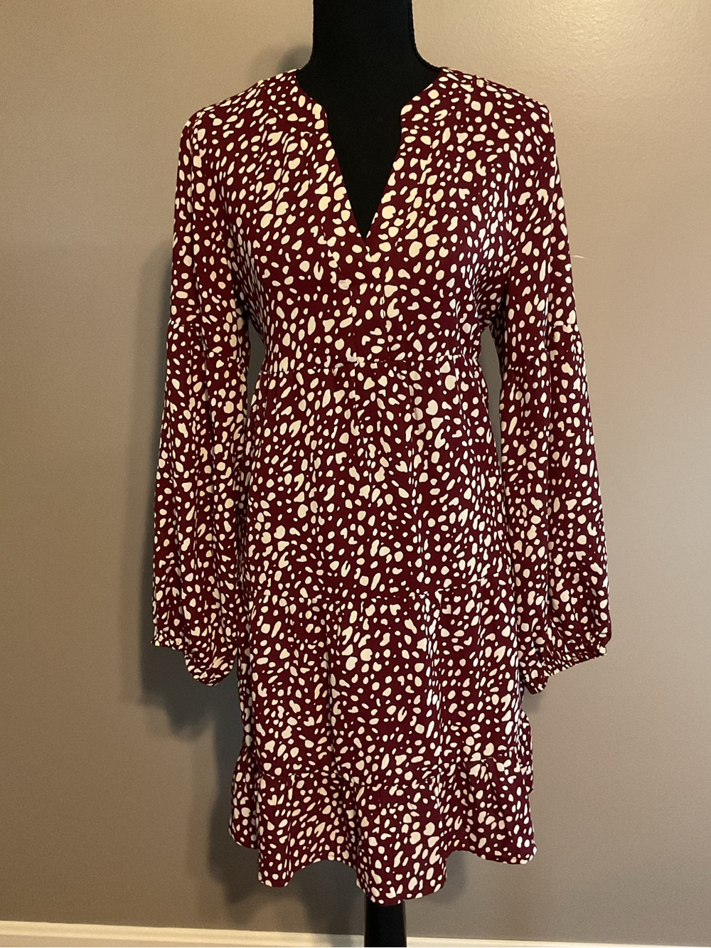 Long-Sleeve V-Neck Printed Dress in Burgundy and White